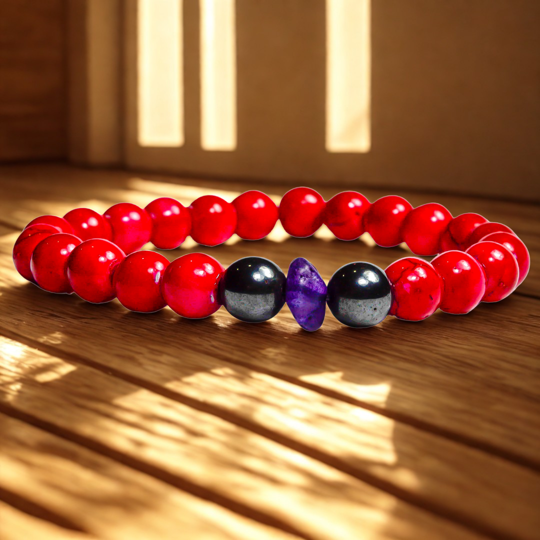 Pulsera Roja Estilo Coral Con Amatista y Acerina