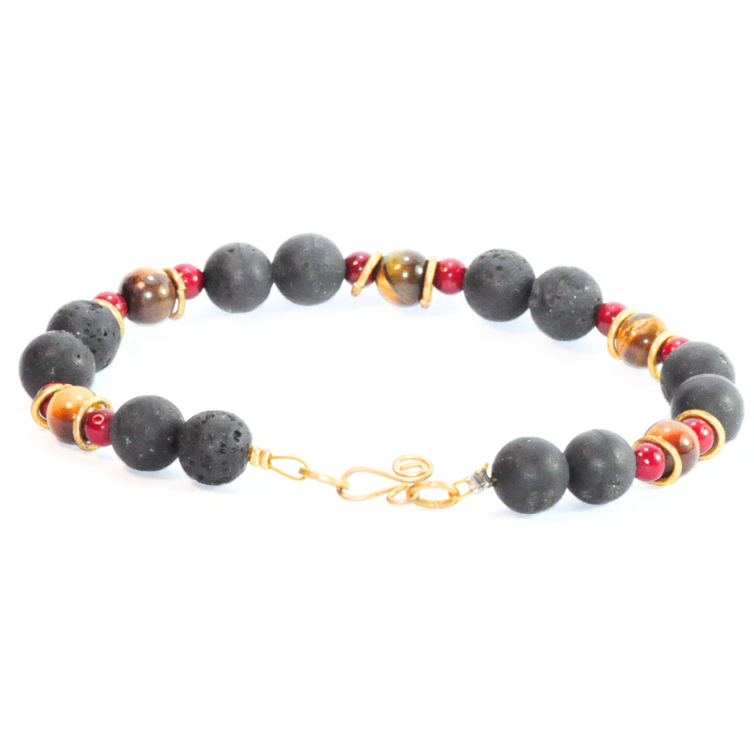Pulsera Broche Piedra Volcánica Coral Ojo de tigre