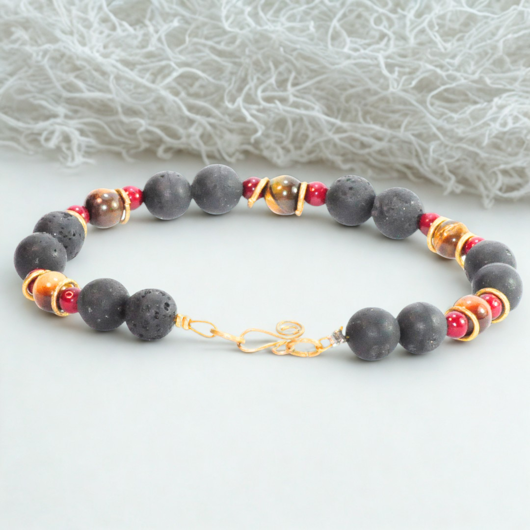 Pulsera Broche Piedra Volcánica Coral Ojo de tigre