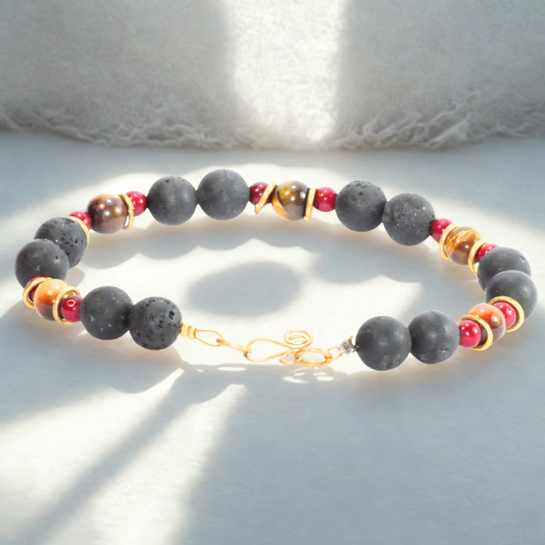 Pulsera Broche Piedra Volcánica Coral Ojo de tigre