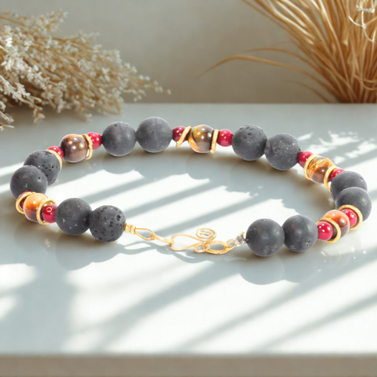 Pulsera Broche Piedra Volcánica Coral Ojo de tigre