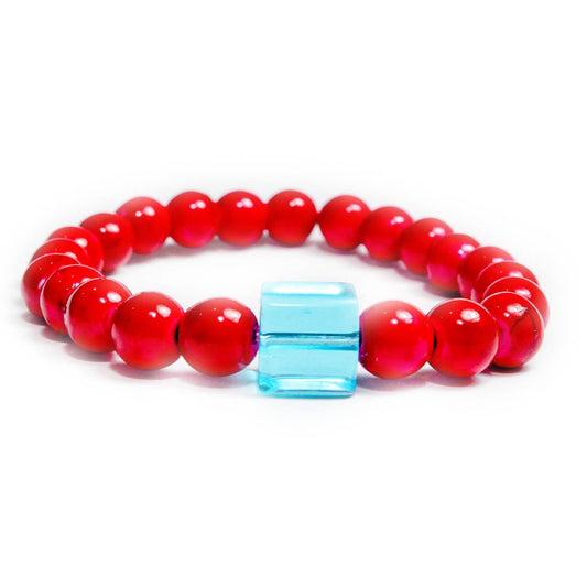Pulsera Roja Estilo Coral Con Cuarzo Cristal Azul
